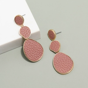 Minimalist long geometric drop earrings with pink leather inlay and gold metal borders