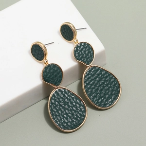 Three-tier long drop earrings with green textured leather and golden geometric frames