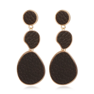 Fashion long gold alloy earrings with brown textured leather geometric teardrop pendants
