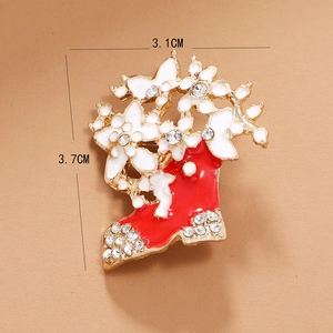 Spilla a forma di stivale di Natale rosso con fiori smaltati e strass 3,1x3,7cm