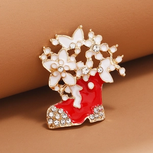 Spilla a Forma di Stivale di Natale Retro per Donna in Lega Smalto Fiore con Strass Intarsiati per Festa di Natale Gioielli
