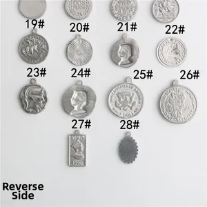 Detailed collection of vintage stainless steel coin pendants showing embossed patterns
