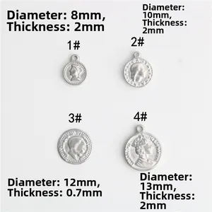 Detailed view of four stainless steel coin pendants showing various sizes and thicknesses