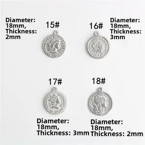Detail view of 18mm stainless steel coin charms with embossed Queen Elizabeth II portraits