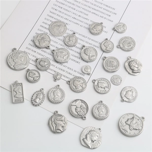 Assorted vintage stainless steel coin pendants with Queen portrait for DIY jewelry