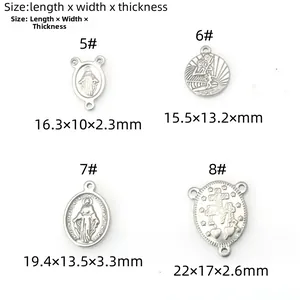 Size chart showing stainless steel Virgin Mary and religious cross charm dimensions