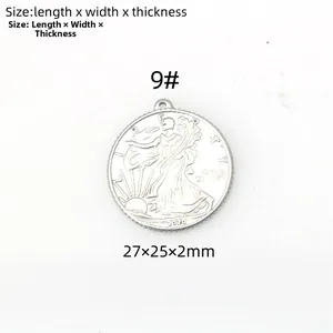 Macro detail of silver coin pendant with Walking Liberty relief and dimensions 27x25x2mm