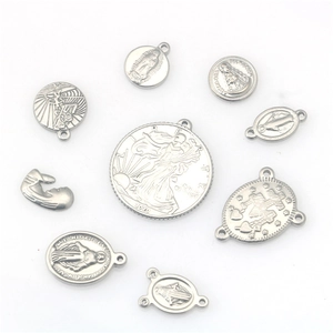 Silver stainless steel religious charms with Virgin Mary and Liberty coin pendants
