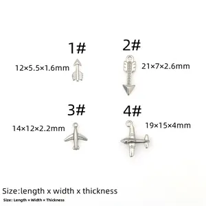 Size chart for stainless steel plane and dagger pendants with precise measurements