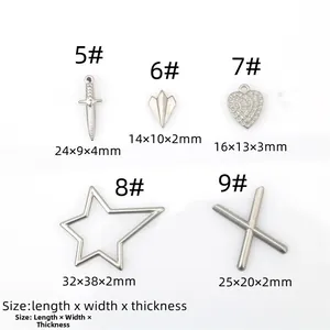 Detailed size chart for stainless steel punk charms including dagger, heart, and star shapes