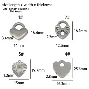 Size chart showing exact dimensions for four heart-shaped stainless steel lock pendants