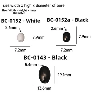Detailed sizing chart for zirconia ceramic oval beads with width, height, and bore diameter