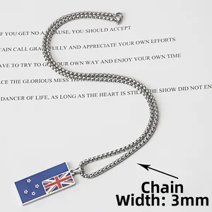Detail view of 3mm stainless steel box chain with a New Zealand flag enamel pendant