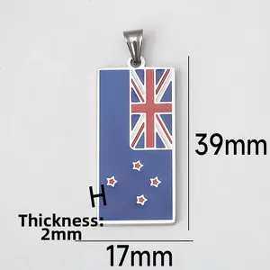 Macro view of stainless steel New Zealand flag pendant showing 39mm height and 2mm thickness