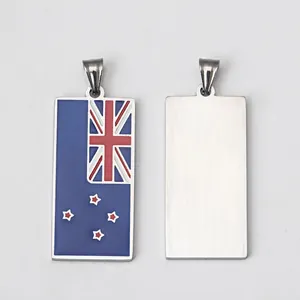 Front and back views of rectangular New Zealand flag stainless steel pendant necklace