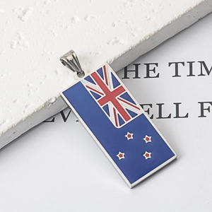 Polished stainless steel rectangular pendant featuring New Zealand flag with enamel finish