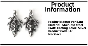 Détail de pendentifs crâne rétro en acier inoxydable moulé avec une finition argent vieilli