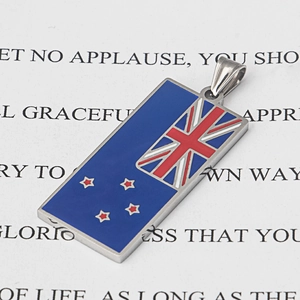 Polished stainless steel rectangular New Zealand flag pendant with enamel finish