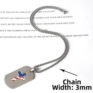 Stainless steel military tag necklace with American flag cross and 3mm round link chain