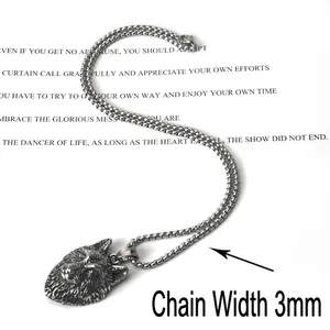 Pendentif tête de loup vintage en acier inoxydable avec chaîne de 3mm pour hommes
