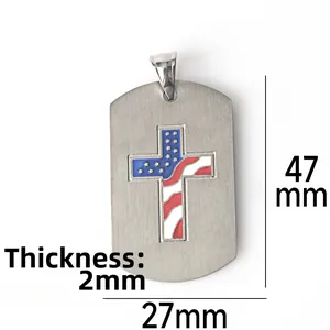 Detailed size chart for stainless steel cross tag with US flag motif, 47mm by 27mm