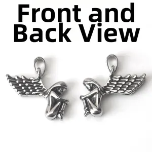 Front and back view of retro stainless steel angel wing pendants for DIY jewelry