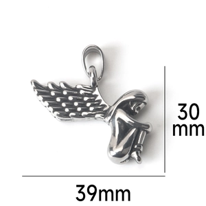 Detailed macro view of vintage angel wing pendant with 39mm width and 30mm height dimensions
