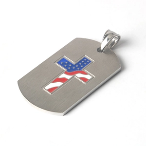Stainless steel dog tag pendant with American flag pattern and cross icon on white background