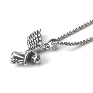 Vintage stainless steel lucky guardian angel wing pendant with detailed feather texture