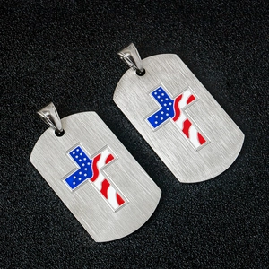 Stainless Steel American Flag Cross Dog Tag Pendant Necklace For Men Women Unisex Punk Style Religious Jewelry Accessories