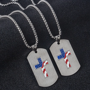 Stainless steel double pendant necklace with USA flag cross on brushed dog tags