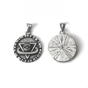 Front and back macro view of vintage stainless steel All-Seeing Eye triangle pendant