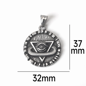 Detail view of retro stainless steel eye of providence pendant showing 32mm size
