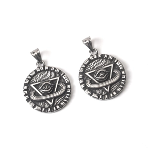 Vintage stainless steel all-seeing eye pendant with gothic orbital design and runes