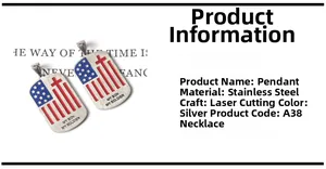 Detail of brushed stainless steel dog tag with US flag and My Son My Soldier text