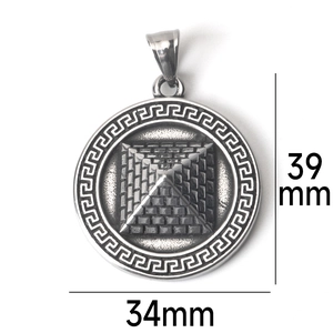 Macro view of vintage stainless steel pyramid pendant showing 34mm width and 39mm height