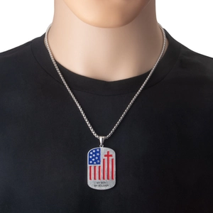 Men's stainless steel US flag dog tag necklace with red cross and soldier engraving