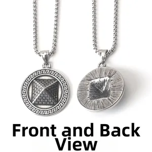 Front and back detail of stainless steel pyramid pendant with Greek fret patterns