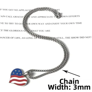 Stainless steel heart pendant necklace with USA flag design and 3mm ball chain link