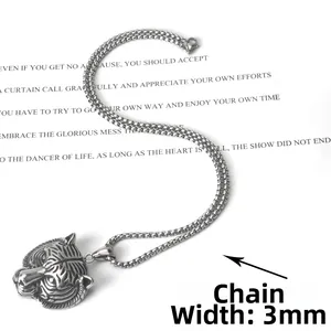 Collana con pendente testa di tigre in acciaio inossidabile e catena quadrata da 3 mm