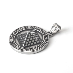 Retro stainless steel pyramid necklace pendant with greek meander pattern on white background