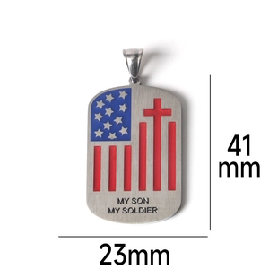 Detail of US flag cross pendant with My Son My Soldier text in brushed stainless steel