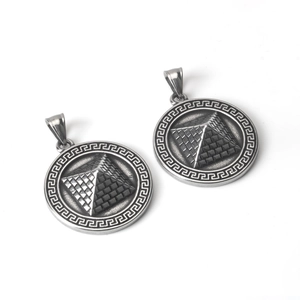 Vintage stainless steel pyramid pendant with Greek key pattern in a 45-degree angle