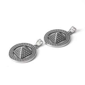 Vintage stainless steel pyramid pendant necklace with meander pattern and retro silver finish