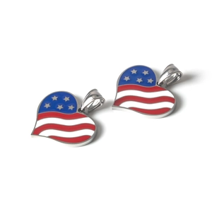Polished stainless steel heart pendant featuring American flag stars and stripes enamel design