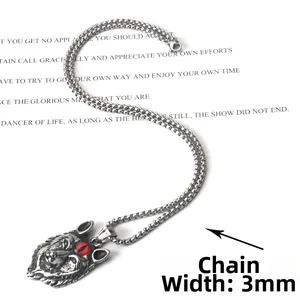 Collar colgante de cabeza de lobo de acero inoxidable retro con ojos rojos y cadena 3mm