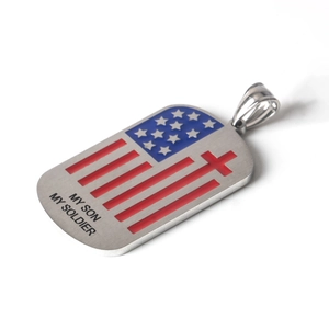 Stainless steel USA flag dog tag necklace with cross and My Son My Soldier text