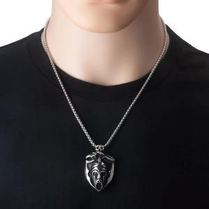 Detail of Spartan helmet shield pendant on a stainless steel chain for men