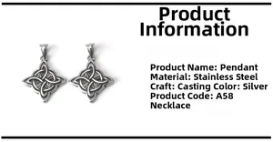 Detailed specs of stainless steel Celtic knot pendant with silver cast finish
