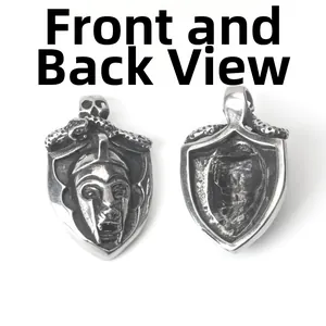 Front and back view of vintage stainless steel skull and snake pendant necklace